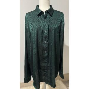Zeroyaa green black print long sleeve button front blouse XL